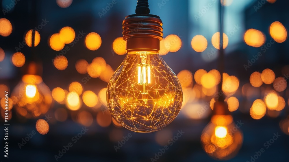 Poster illuminated light bulb with digital connections in urban nightscape showing technology and creativit