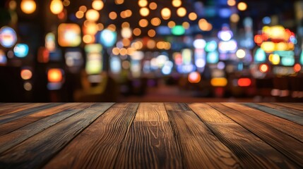 Wooden Tabletop with Blurred Casino Background Featuring LED Lights and Slot Machines for Promotional Use