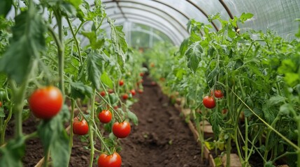 Greenhouse cultivation of ripe tomatoes with a farmer planting seeds for a fruitful harvest in a controlled environment.
