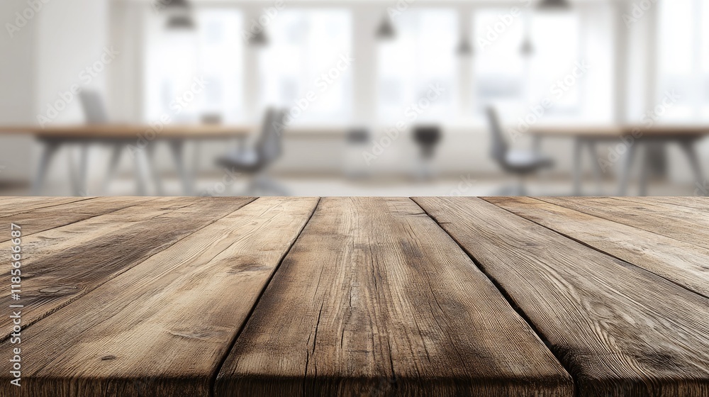 Poster wooden table top in modern office setting with blurred background for display and presentation purpo