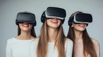 Fototapeta premium Three young women joyfully experiencing virtual reality together