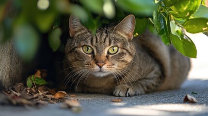 Obraz premium Tabby cat resting under bush with piercing green eyes and a curious expression while lying on the ground in a sunny outdoor setting