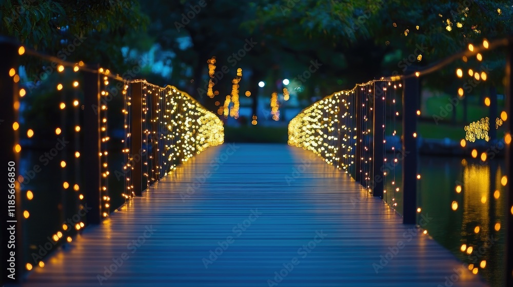 Poster charming floating bridge illuminated by bokeh lights creating a serene nighttime atmosphere