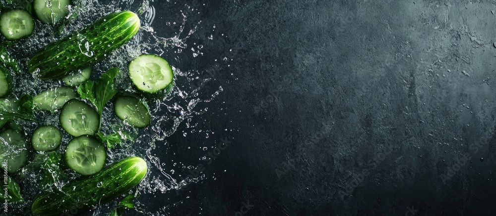 Poster crisp cucumber slices and whole cucumbers splashing in water with a textured dark background and amp