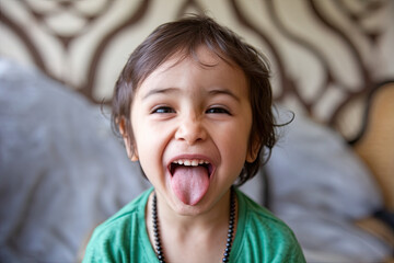 Child making a silly face by sticking out their tongue