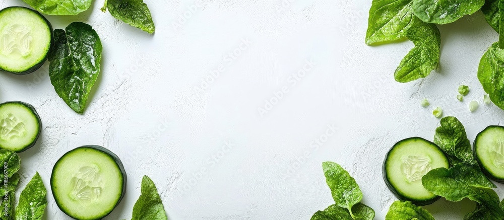 Poster fresh cucumbers and spinach leaves arranged on a white background with ample copy space for healthy 