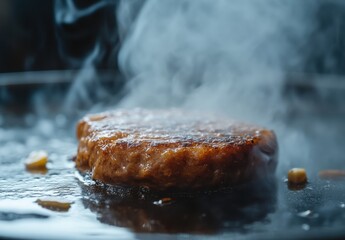 Juicy Hamburger Patty Cooking on a Hot Griddle with Aromatic Steam Rising in a Professional Kitchen Setting, Perfect for Food Lovers and Culinary Enthusiasts