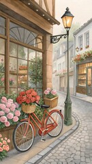 A stunning watercolor painting captures the romantic essence of a European cityscape, with a captivating red bicycle adorned with a bountiful basket of lush peach roses. 