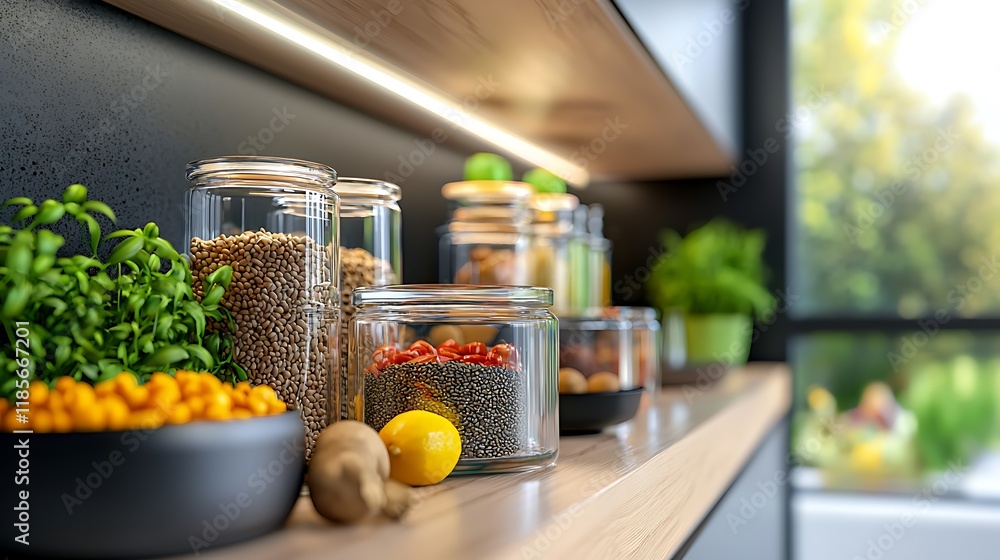 Poster custom designed pantry storage system featuring an array of glass containers for neatly organizing a
