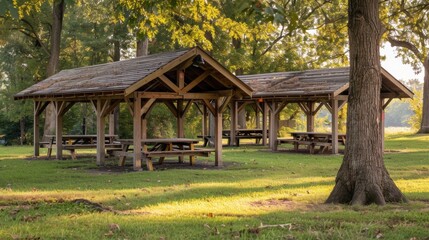Obraz premium Shaded Picnic Area: Covered pavilions with picnic tables, providing a cool and comfortable space for family picnics and group gatherings in a natural setting. 