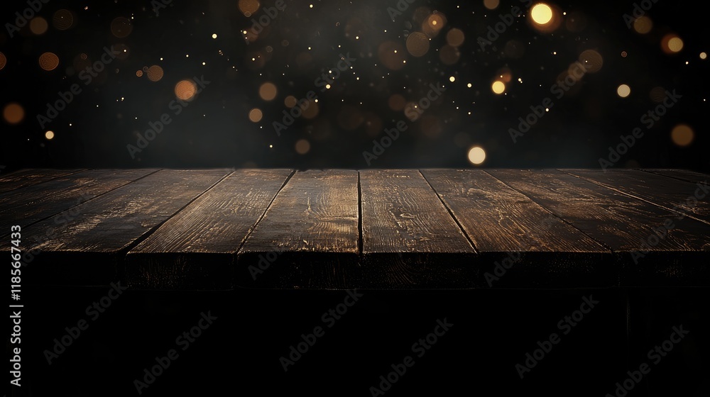 Poster wooden table with blurred bokeh lights creating a festive carnival theme background ideal for produc