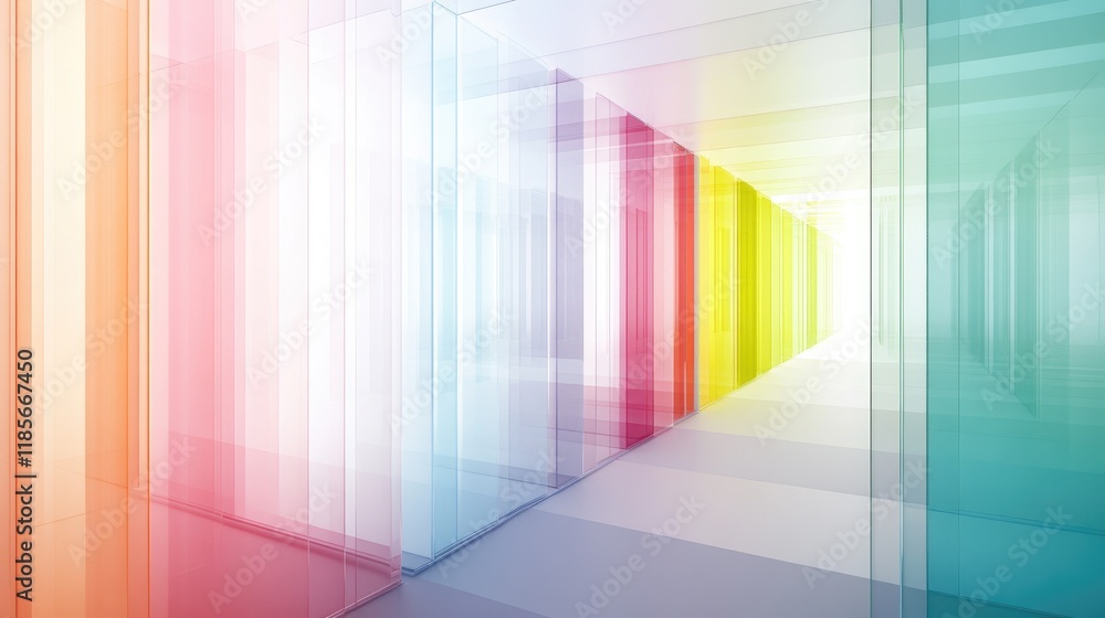 Poster a series of layered transparent lines forming an illusion of depth, with a soothing color palette, c