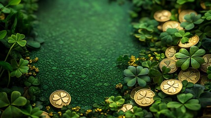 Green card surrounded by clovers and gold coins for a St Patricks Day theme