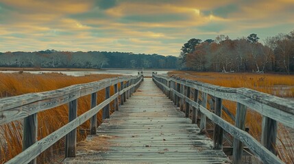 Obraz premium Wetland Preserve: A boardwalk-lined preserve with marshes and rich wildlife, providing a unique space for birdwatching and exploring nature’s serene beauty. 