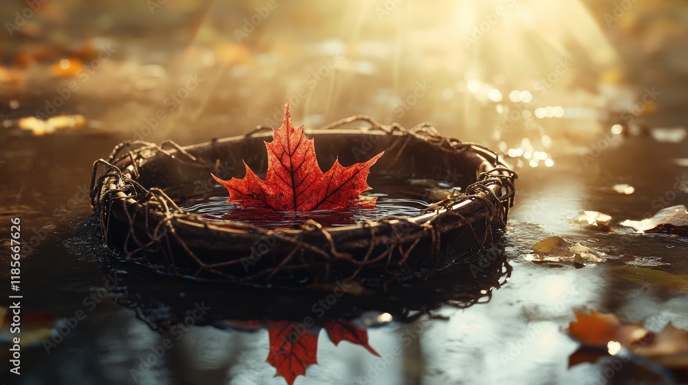 Poster fallen red autumn leaf resting on rustic net in calm water with sun rays and dust creating a serene,