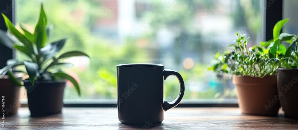Poster black coffee mug on window sill surrounded by potted plants and urban view creating a serene atmosph