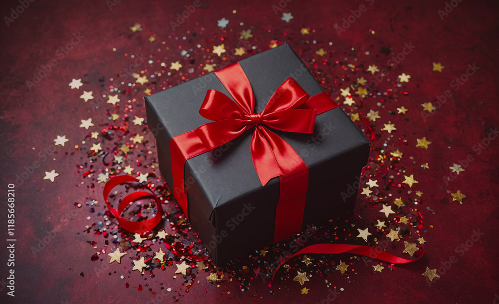 Aufkleber black box with a red bow on top of a red background. the box is surrounded by red glitter