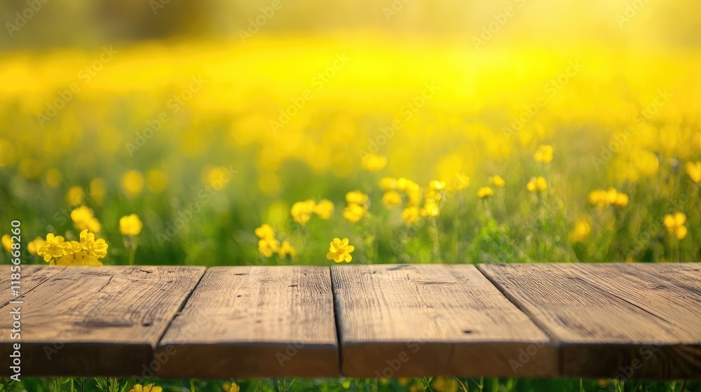 Poster wooden table for product display with soft focus yellow bokeh light background and floral setting