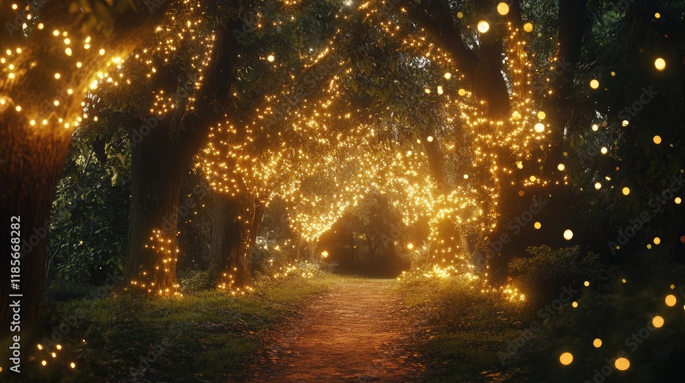 Poster mystical forest pathway illuminated by enchanting lights and glowing orbs creating a magical night s