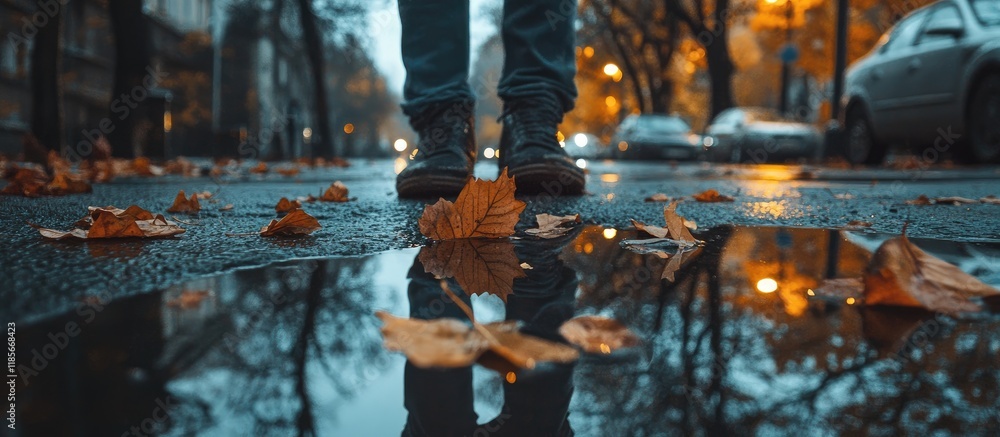 Poster autumn leaves in a reflective puddle on wet pavement with empty space for text capturing the essence