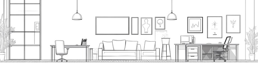 Line art of an office interior, simple vector line drawing, with couches and desks, vector illustration, white background