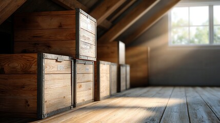 Cozy and Inviting Vintage Attic Space with Wooden Crates Trunks and Other Antique Furniture Pieces Arranged in a Warm and Nostalgic Interior Design