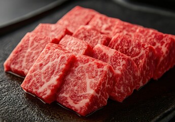 Premium Quality Slices of Marbled Beef on a Dark Background Ready for Cooking or Grilling to Create Delicious Dishes in Culinary Settings