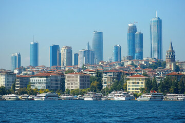 Obraz premium Skyline of a bustling metropolis with high-rise buildings and iconic landmarks