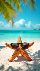 Fototapeta na wymiar Starfish in sunglasses, palm tree background, white sand, tropics