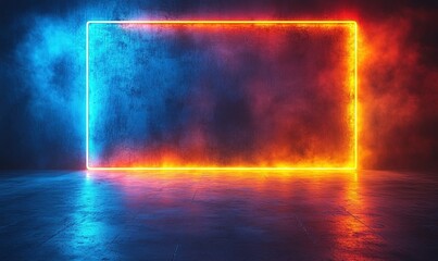 A glowing neon frame against a dark, misty background, perfect for digital displays or creative presentations.