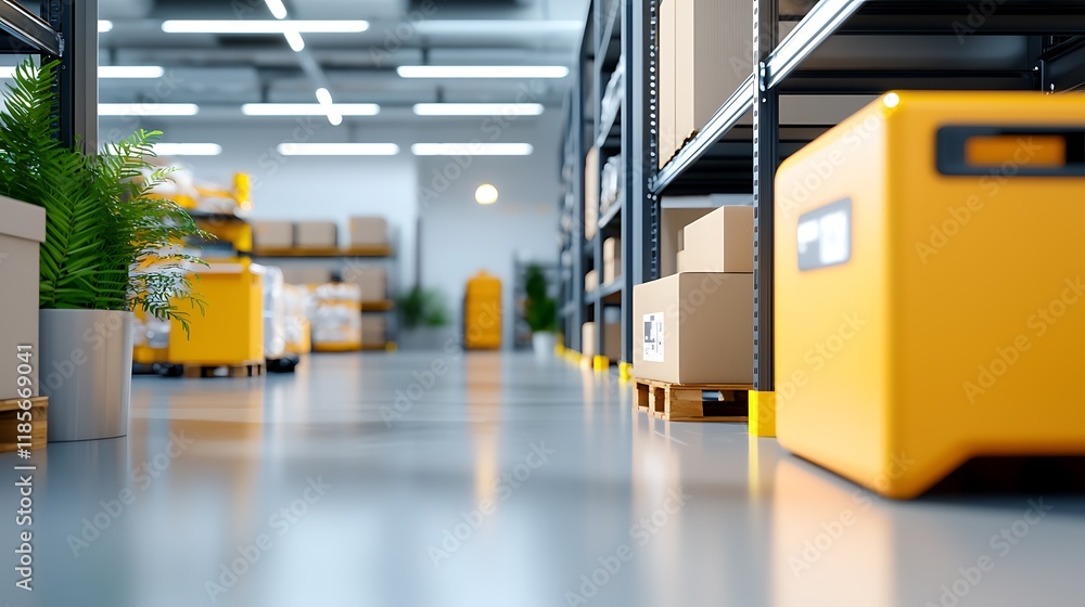 Poster futuristic and efficient high tech inventory storage room with glowing led lighting organized shelvi
