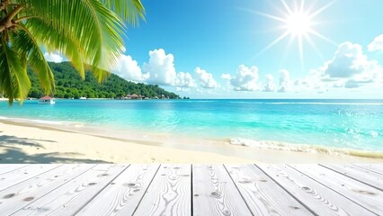 beach with wooden floor, tropical sea beach background with white wood panel
