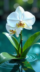 white orchid flower. Beautiful postcard white orchid on the water