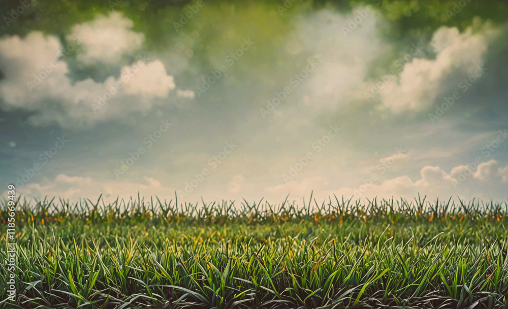 Poster Field of grass with a cloudy sky in the background. The sky is mostly cloudy with a few white clouds