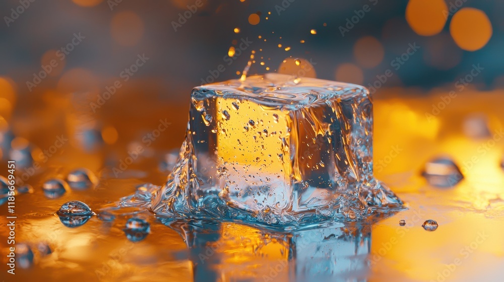 Poster ice cube splash: a stunning macro photography of a crystal clear ice cube falling into water with a 