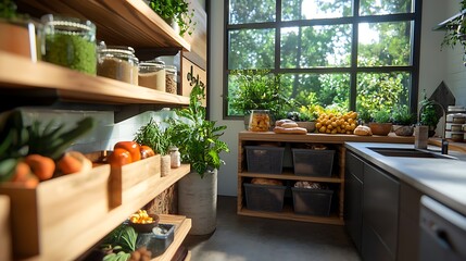 Cozy and well organized seasonal storage room with wooden shelves stackable bins and an abundance of fresh produce and groceries