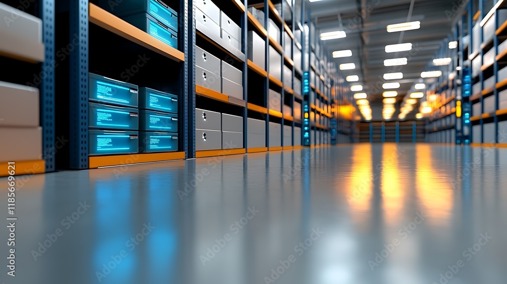 Poster futuristic smart storage room interior with holographic labels advanced data server racks and high t