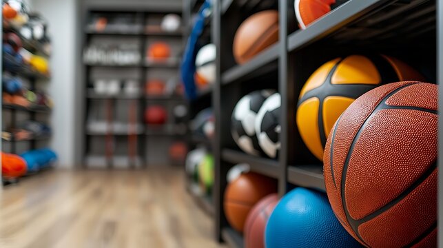 Neatly Organized Sports Equipment Storage Room with Various Balls and Gear for Different Athletic Activities and Sports  Shelves Filled with Diverse Sports Accessories and Supplies