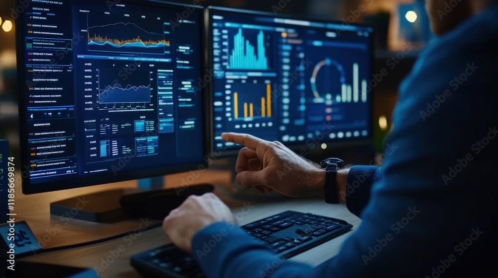 Poster data analyst working late, analyzing financial market data on multiple monitors