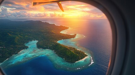 Naklejka premium A breathtaking aerial view of a tropical coastline at sunset, showcasing vibrant colors and serene ocean waters.