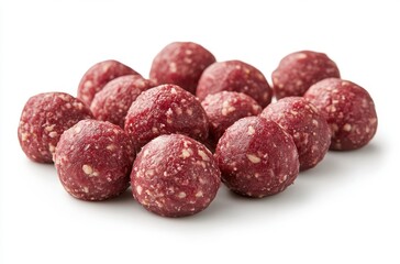 Raw meatballs arranged in a cluster on a white background, showcasing their textured surface and rich red color, ideal for culinary and food photography.