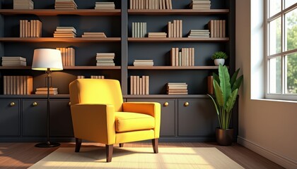 A 3D-rendered stock photo of a cozy reading nook with a mustard yellow armchair, bookshelves, and a vintage lamp.