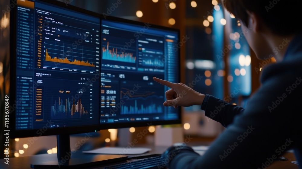 Poster analyst reviewing financial data on multiple monitors