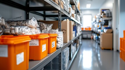 Naklejka premium Rows of color coded storage bins and shelves in an organized industrial style warehouse facility