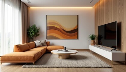 Fototapeta premium A 3D-rendered stock photo of a contemporary living room with a tan sectional sofa, large TV, and abstract art on the wall.