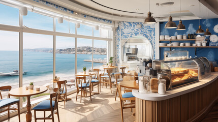 Bright and airy coastal coffee shop featuring light blue walls, a white ceiling, and large windows with a water view, creating a minimalistic yet inviting atmosphere with a selection of pastries.