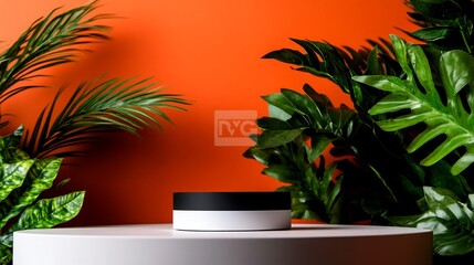 Tropical Minimalist Product Display: Black and White Cylinder on White Table with Lush Green Foliage Against Vibrant Orange Background