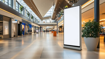 advertising billboard, lightbox with empty digital screen in shopping center. Blank white poster advertising, public information board stands in walkway of shopping mall or airport