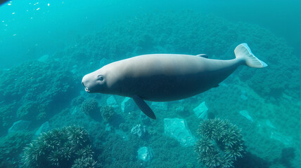 Obraz premium Graceful dugong swimming in clear blue ocean water over seagrass