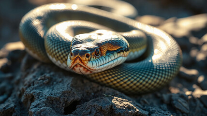 Fototapeta premium Coiled venomous taipan, alert, basking on sunlit rock amidst arid plains